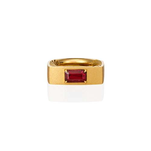 Emerald cut ruby in 18ct textured yellow gold lattice designed signet ring