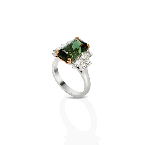 Emerald cut green Australian Sapphire and baguette diamond ring