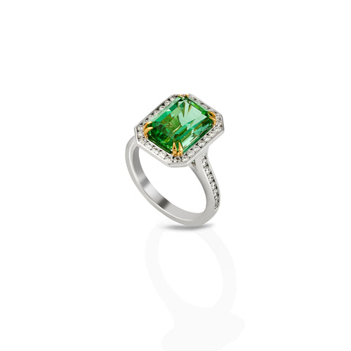 Emerald cut Mint blue/green tourmaline and diamond ring