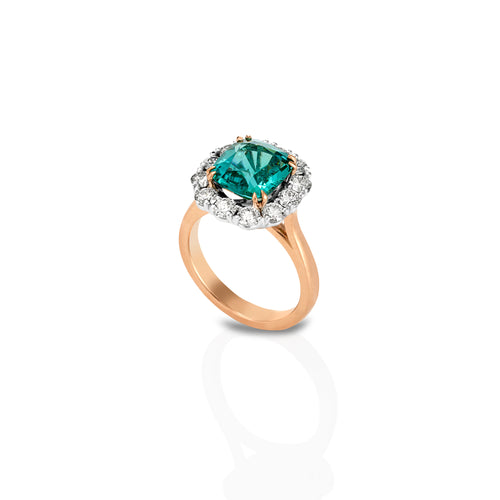 Cushion Cut Blue Lagoon Tourmaline and diamond ring