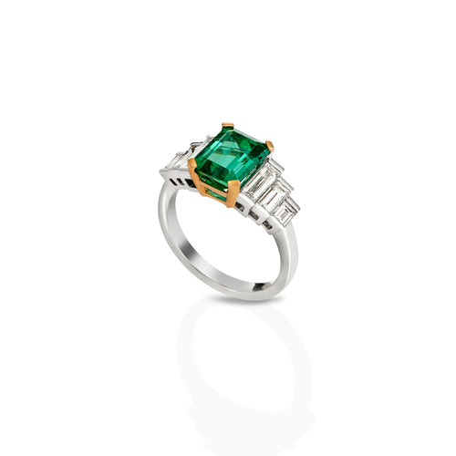 Emerald cut blue/green tourmaline and baguette diamond ring