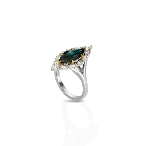 Marquise cut deep green Australian sapphire and diamond ring