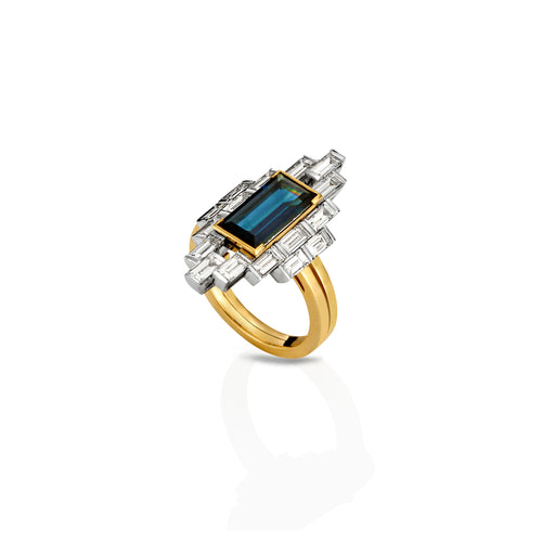 Baguette cut blue/black Australian Sapphire and baguette diamond manhattan ring