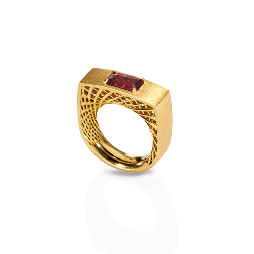 Emerald cut ruby in 18ct textured yellow gold lattice designed signet ring