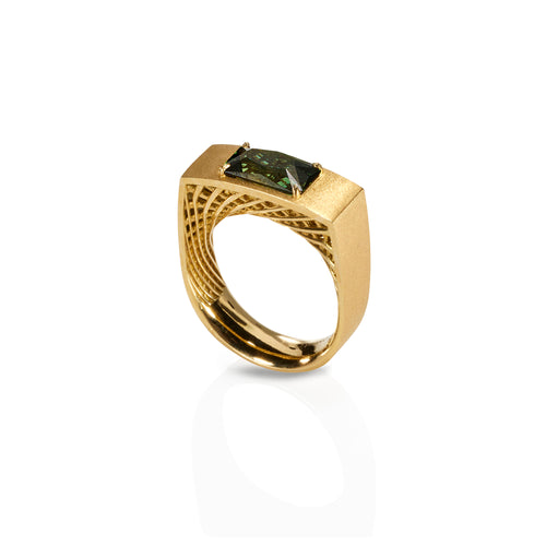 Radiant cut Australian Parti Sapphire in 18ct textured yellow gold lattice designed signet ring