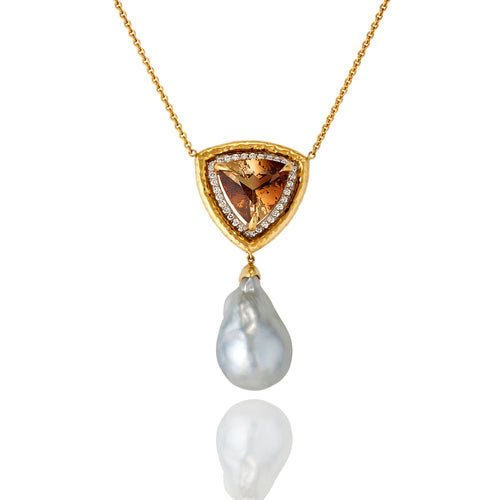 South Sea pearl and triliant cut Autumn tourmaline in 18ct yellow gold drop pendant