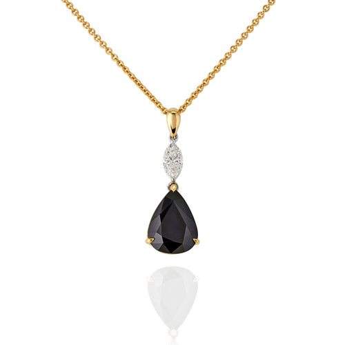 Pear shaped Australian black sapphire and marquise cut diamond drop pendant