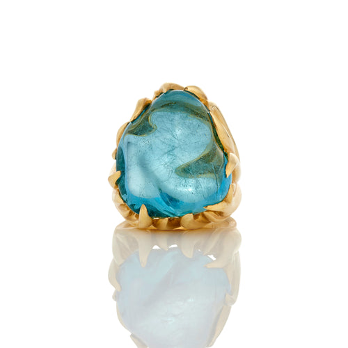 Cabochon Aquamarine set in 18ct yellow gold Fire design dress ring