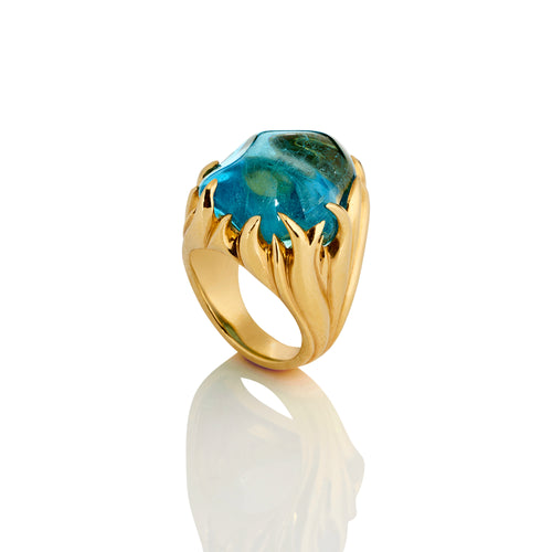 Cabochon Aquamarine set in 18ct yellow gold Fire design dress ring