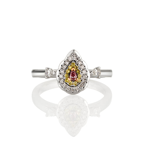 Pear shape Argyle pink with yellow and white diamond halo ring