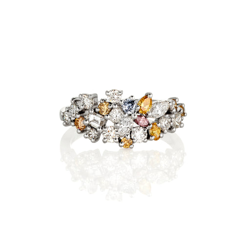 Cluster pink, yellow and white diamond ring