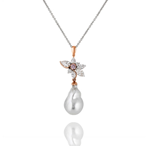 Argyle pink Diamond pendant with removable South Sea Pearl drop and exchangeable cascading marquise drop from out Victoria Rose collection