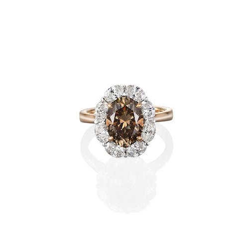 Ring with a central champagne diamond and surrounding white diamonds on a white background