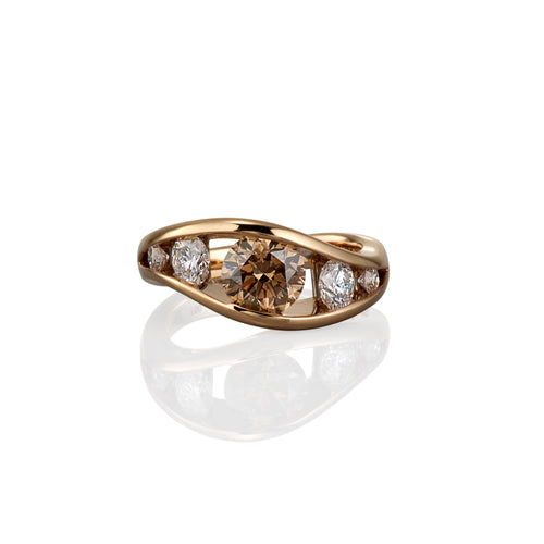 Flame design round brilliant cut dark champagne and diamond five stone ring in rose gold