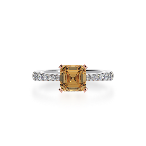 Asscher cut champagne diamond solitaire ring with diamond set band