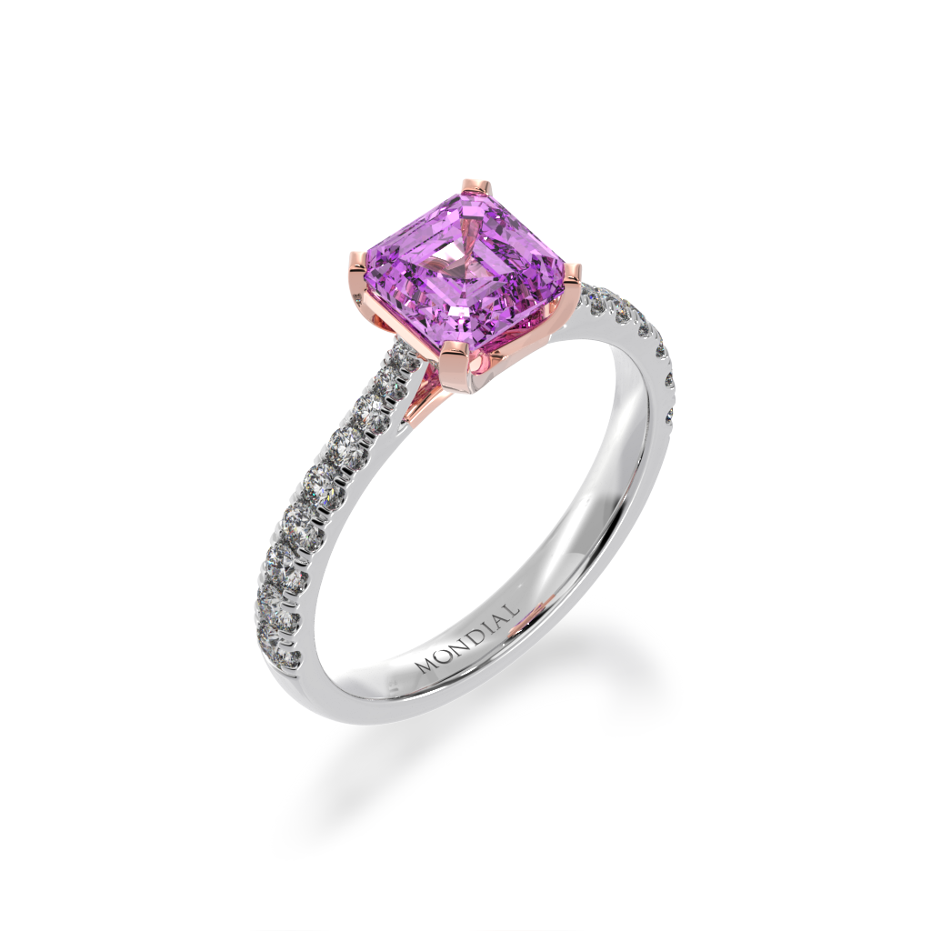 Asscher cut pink sapphire solitaire ring with diamond set band view from angle 