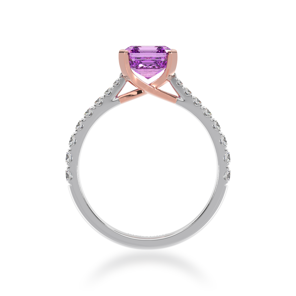 Asscher cut pink sapphire solitaire ring with diamond set band view from front 