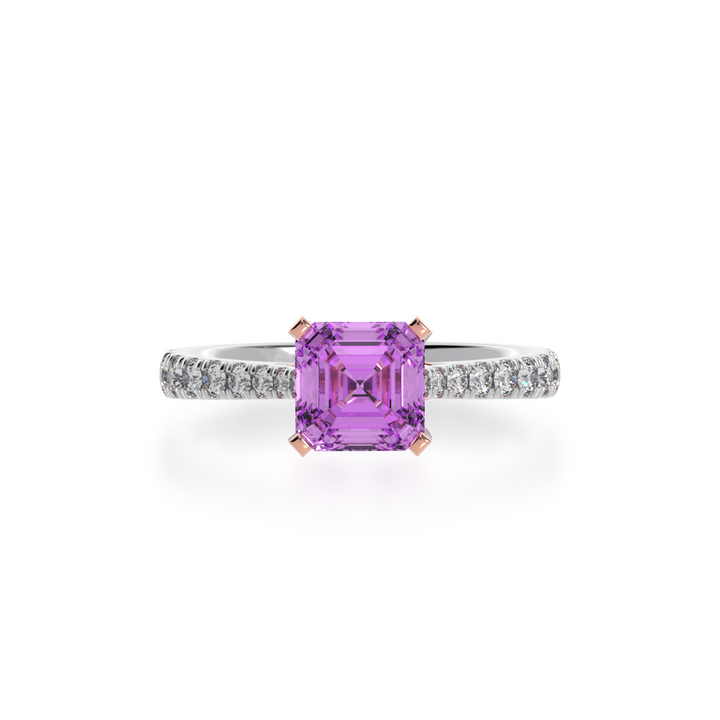 Asscher cut pink sapphire solitaire ring with diamond set band view from top