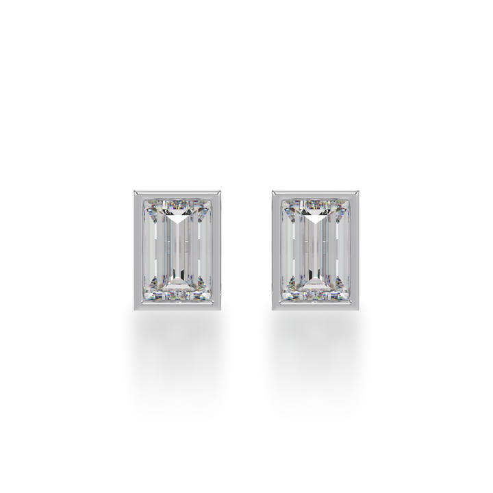 Baguette cut bezel set diamond stud earrings view from front