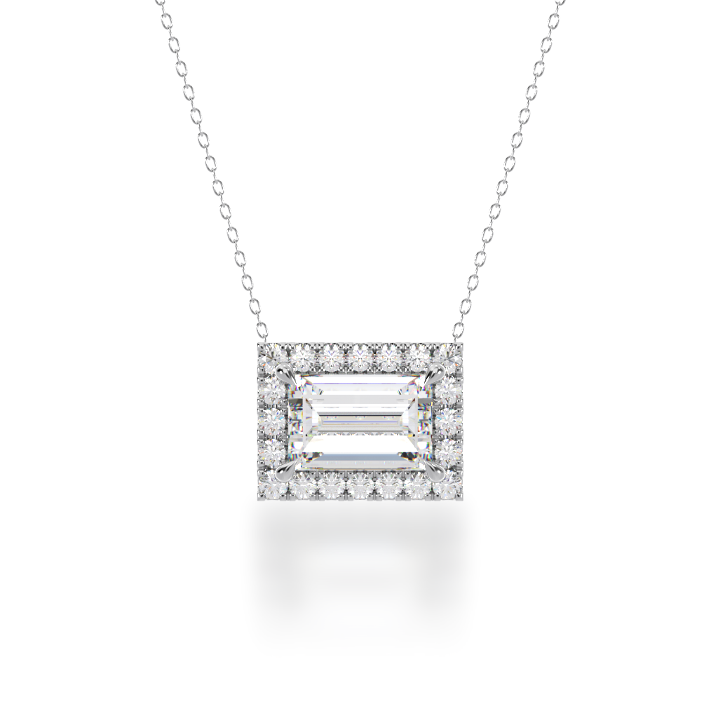Baguette cut diamond halo pendant view from front