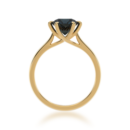 Brilliant cut black sapphire solitaire on a yellow gold band from front