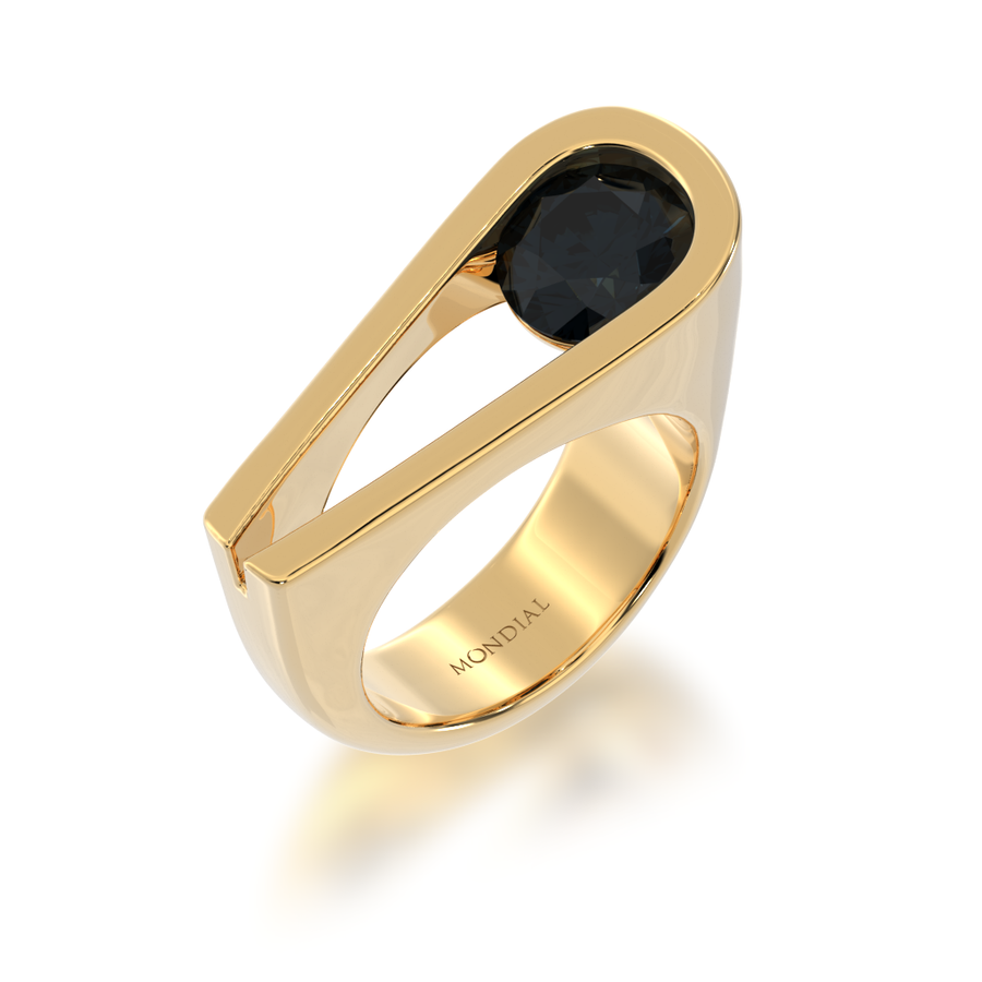 Retro design round brilliant cut black Sapphire ring in yellow gold view from angle 