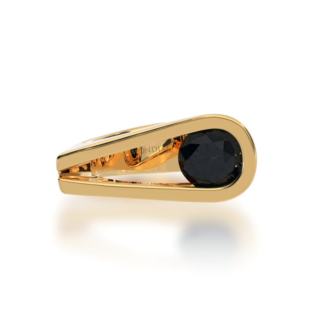 Retro design round brilliant cut black Sapphire ring in yellow gold view from top
