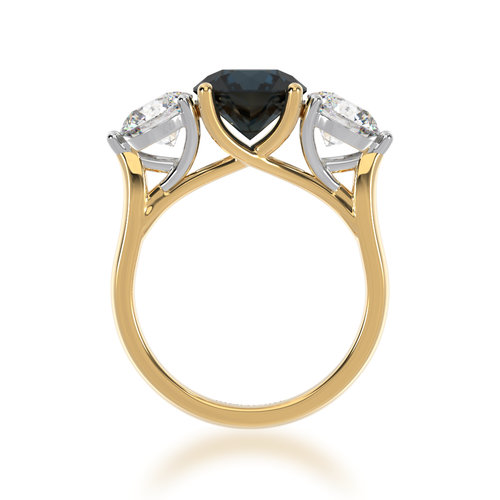 Trilogy round brilliant cut black sapphire and diamond ring on yellow band