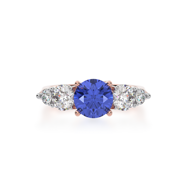 Five stone round blue sapphire and white diamond ring from top
