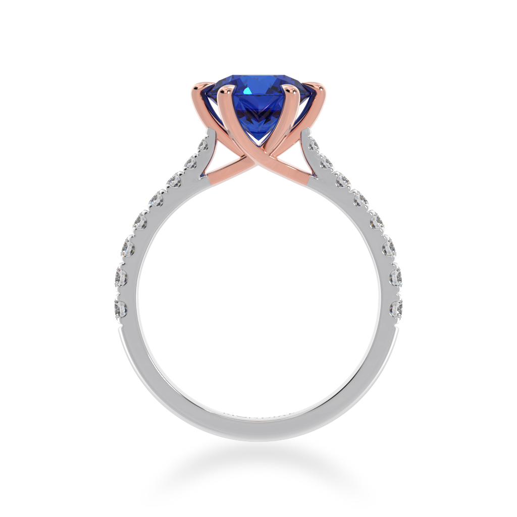 Round brilliant cut blue sapphire solitaire ring with diamond set band view from front
