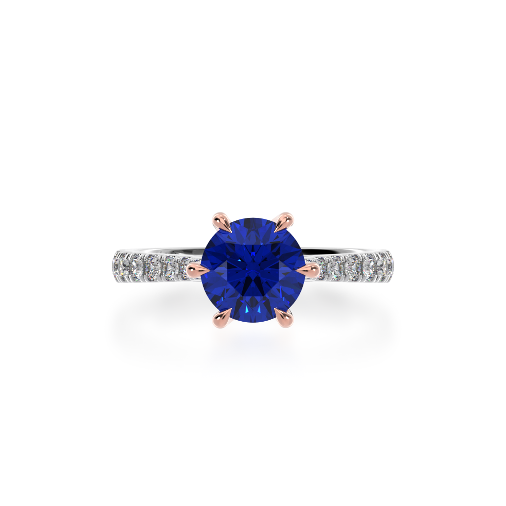 Round brilliant cut blue sapphire solitaire ring with diamond set band view from top