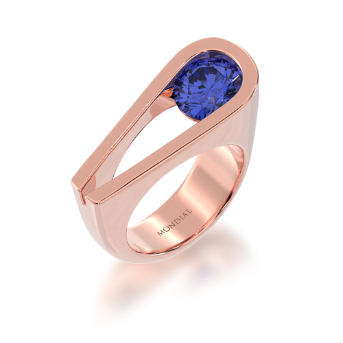 The Mondial by Nadia Retro design round brilliant cut blue Sapphire engagement ring in rose gold view from angle.