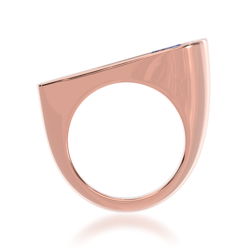 The Mondial by Nadia Retro design round brilliant cut blue Sapphire engagement ring in rose gold view from front.