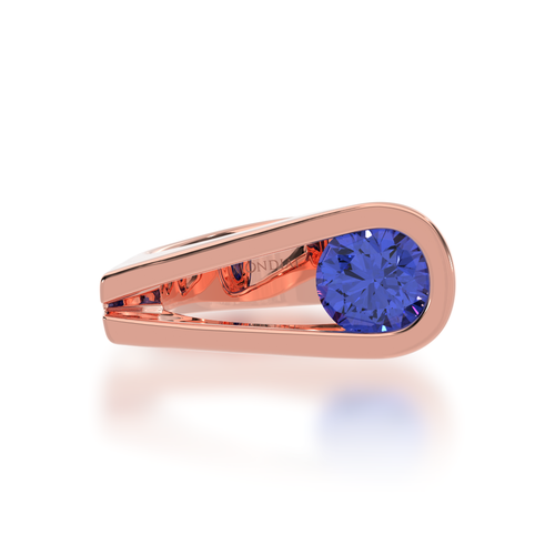 The Mondial by Nadia Retro design round brilliant cut blue Sapphire engagement ring in rose gold view from top.