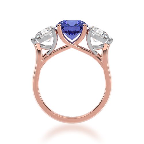 The Mondial by Nadia Round Brilliant cut trilogy blue Sapphire engagement ring with diamonds on rose gold band view from front.