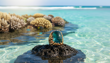 Ring with a blue tourmaline gemstone on a rock in clear water with coral in the background
