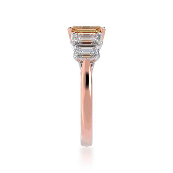 5 stone Emerald cut Champagne diamond and white diamond ring from side view