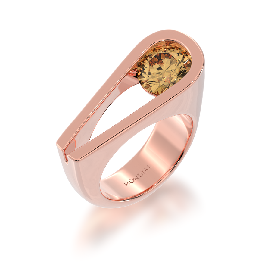 Retro design round brilliant cut champagne diamond ring in rose gold view from angle