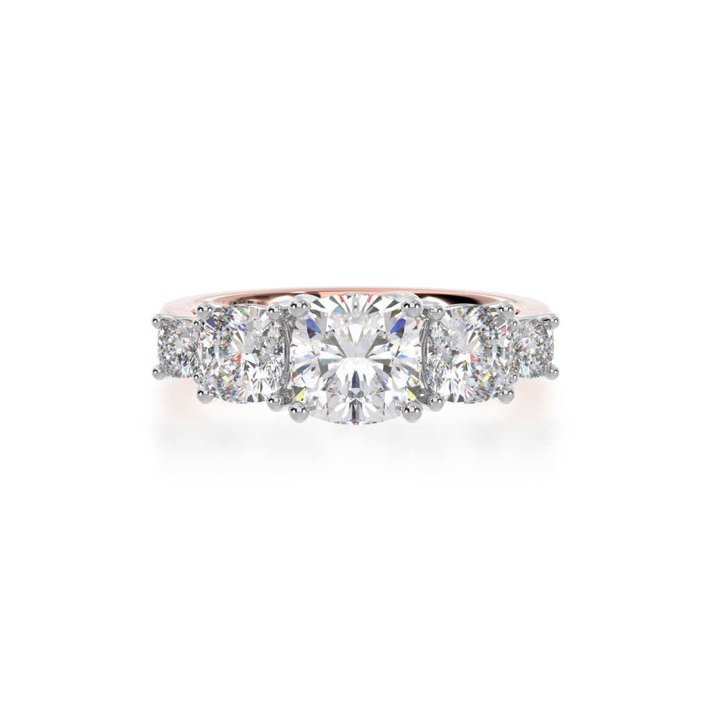 Five stone cushion cut diamond ring on rose gold band view from top 