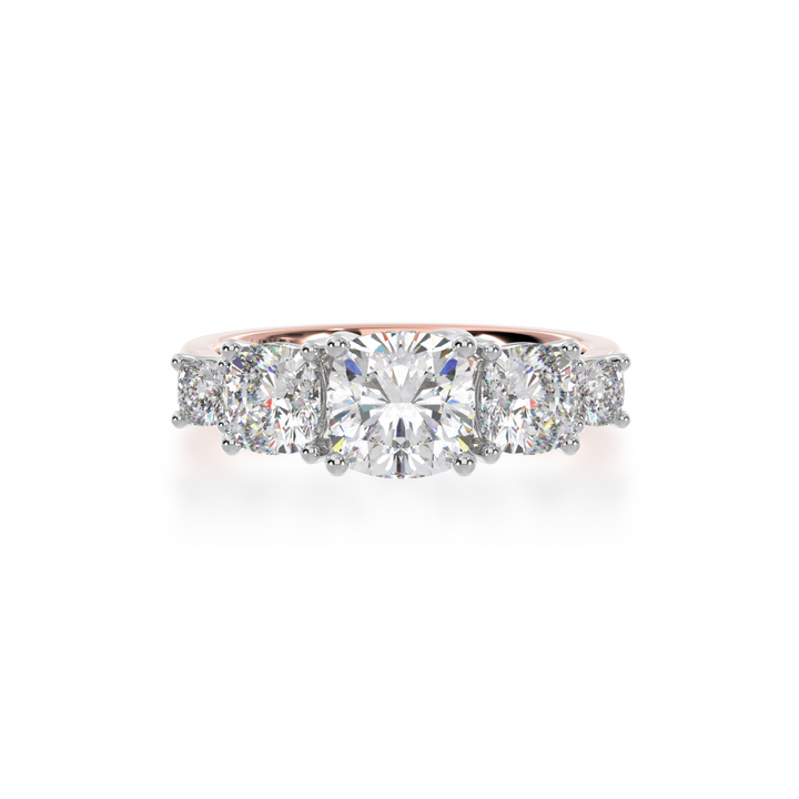 Five stone cushion cut diamond ring on rose gold band view from top 