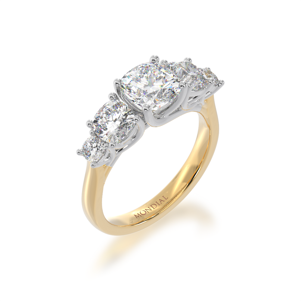 Five stone cushion cut diamond ring on rose gold band view from angle