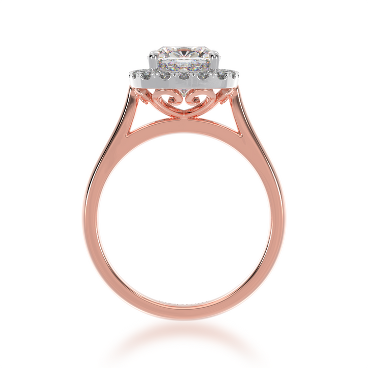 Cushion cut diamond halo ring on a rose gold band view from front