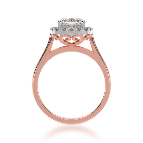 Cushion cut diamond halo ring on a rose gold band view from front