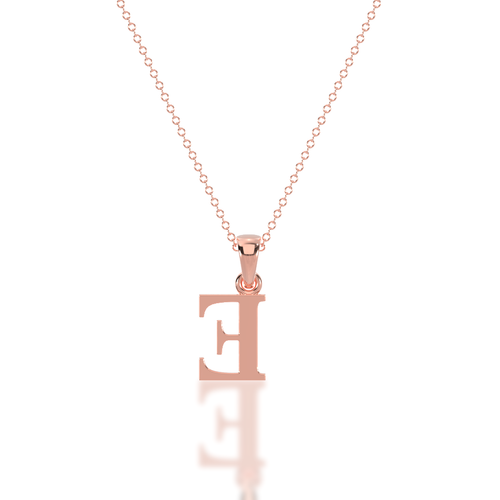 Rose gold necklace with a letter from the back letter 'E' initial pendant on a white background