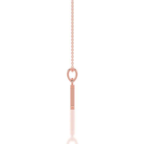 Rose gold necklace with a unique pendant design on a white background, displaying from the side view.