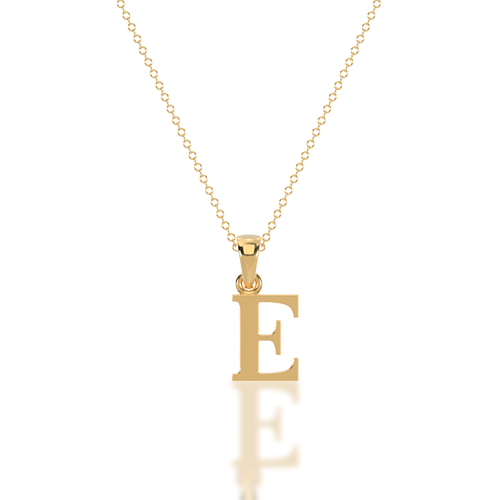 Gold necklace with a 'E' pendant on a white background