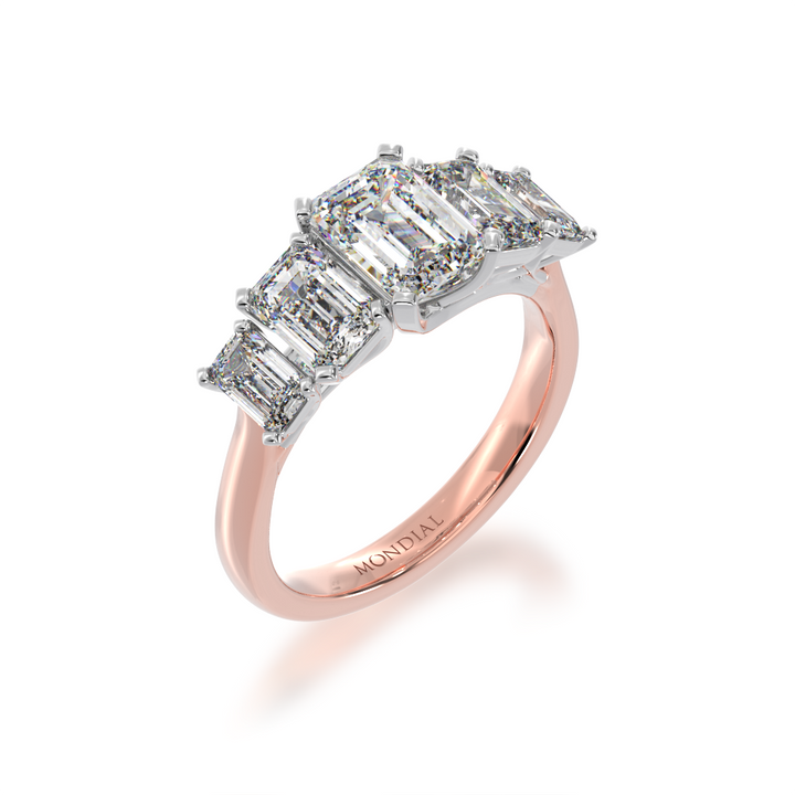 Five Stone Emerald cut diamond ring in Rose gold view from side of ring