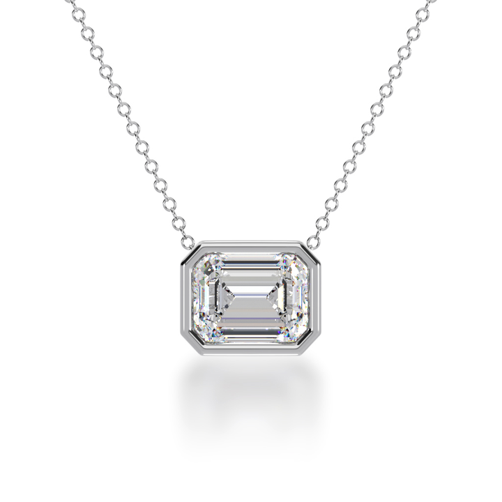Emerald cut diamond bezel set pendant view from front