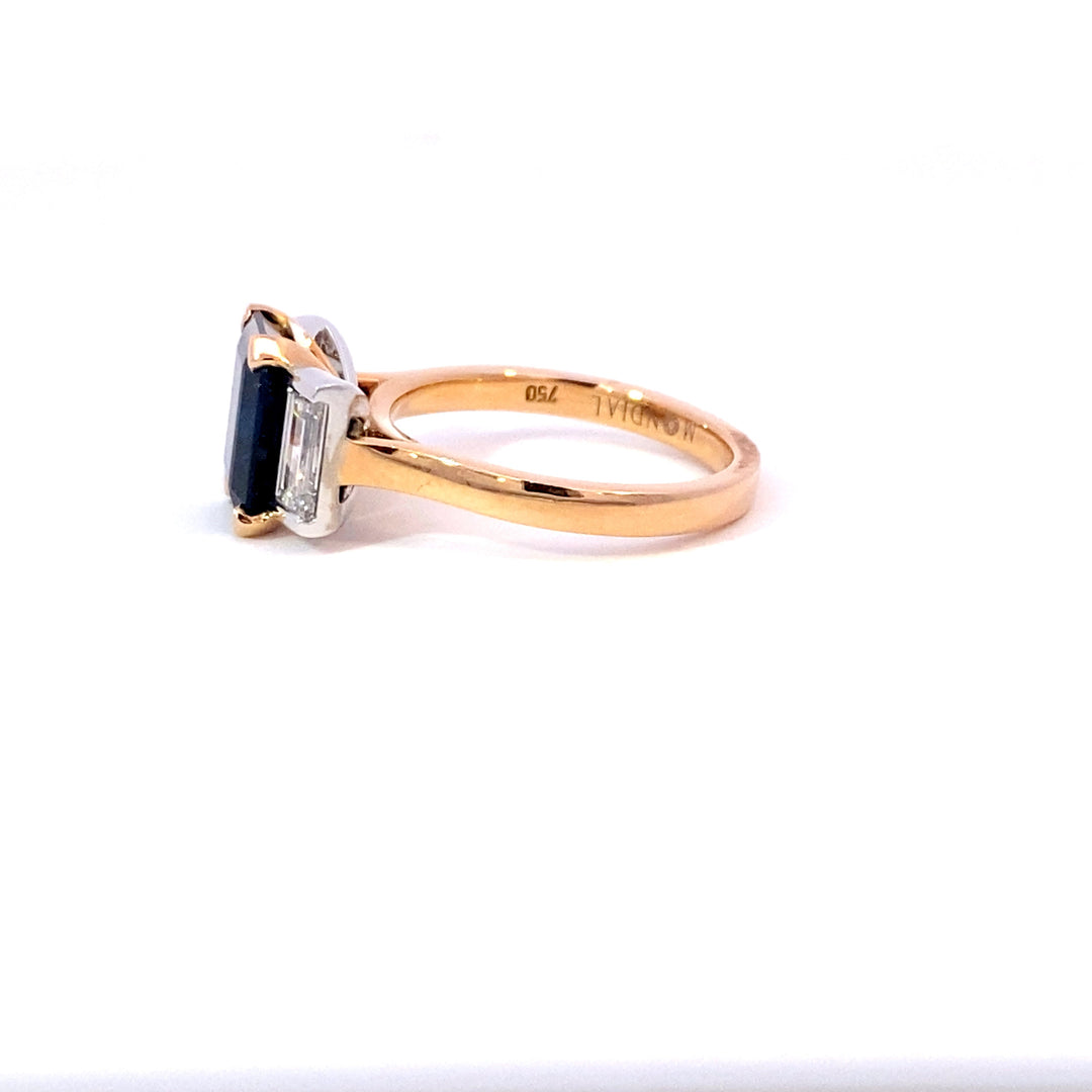 Emerald cut Australian black sapphire ring on rose gold band