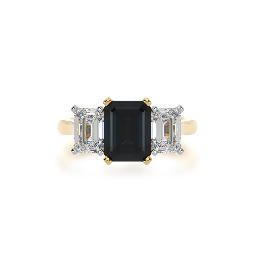 Trilogy emerald cut black sapphire and diamond ring on rose gold band view from top